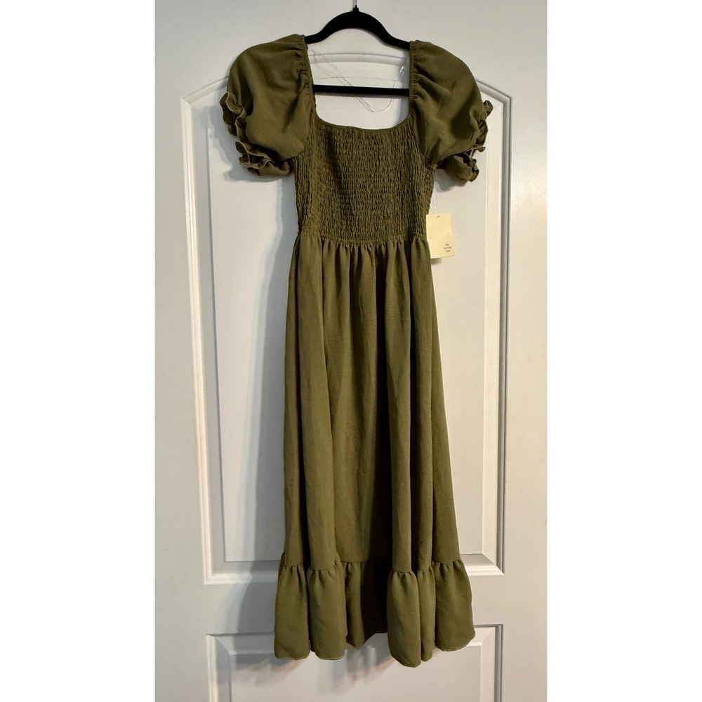 Pie In The Sky Midi Dress Small Olive Green NEW Smocked Puff Sleeve Boho Peasant